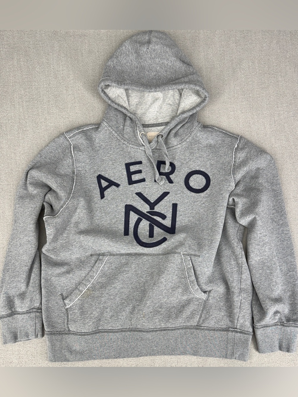 Y2K Aeropostale NY Mens L Hoodie Gray Pullover Sweatshirt Raw Hem Cotton Blend